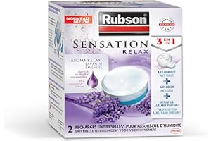 Rubson Sensation Relax Recharges universelles pour absorbeur d'humidité parfum lavande (2 x 300 g) – Recharges 3 en 1 anti-humidité, anti-odeur et agréable parfum