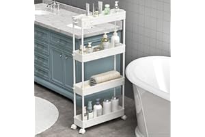 ‎SPACEKEEPER SPACEKEEPER Rollwagen mit 4 Ebenen, Küchenwagen, Nichenregal auf Rollen, Allzweckwagen mit 6 Haken und 2 Behälter für Küche, Bad, Weiß