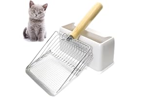 FULUDM Cat Litter Scoop Scooper with Holder - Metal Cat Litter Poop Scoop with Wooden Handle for Litter Box