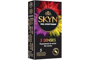 Skyn 5 Senses : Lot de 5 Préservatifs sans latex Skynfeel pour Homme / 5 Types de Sensations: 1X Intensément Perlé, 1X Saveur Cocktail, 1X Elite (Ultra Fin), 1X Chauffant, 1X Rafraichissant