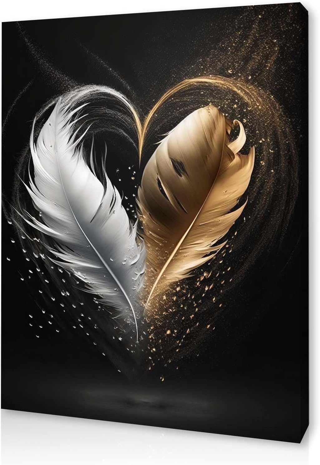 Qiukoo Framed Canvas Wall Art – Gold and Black Feather Heart Artwork, Waterproof Modern Print with Hook, Wall Decoration for Living Room or Bedroom, Elegant Pictures for Bedroom Walls – 12x16 Inch