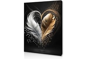 Qiukoo Framed Canvas Wall Art – Gold and Black Feather Heart Artwork, Waterproof Modern Print with Hook, Wall Decoration for Living Room or Bedroom, Elegant Pictures for Bedroom Walls – 12x16 Inch