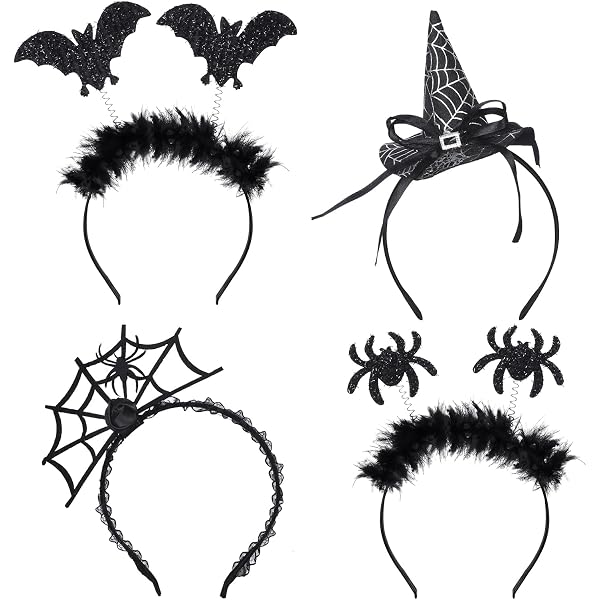 6 Stück Halloween-Stirnbänder Set – Mit Hut, Totenkopf, Fledermaus, Für Party & Kostüm