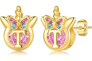 TINGN Unicorn Earrings for Girls Gifts - S925 Sterling Silver Post Hypoallergenic Butterfly Initial Earrings 14K Gold Plated Pink CZ Unicorn Stud Earring Jewelry Birthday Gifts for Kids Girls Daughter
