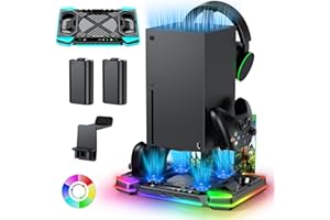 GORIXER Estación de carga y soporte para consola Xbox Series X,estación de carga y ventilador de refrigeración para accesorios Xbox Series X con 11 iluminación RGB, 2 x 1400 mAh recargables, almacenamiento