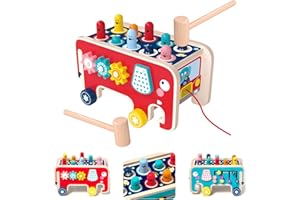 NUKied Wooden Hammer Toys Multifunctional Pounding Bench Tap Bench Hit Mole Hamster Game Early Educational Montessori Toys Wooden Toy Gift for Kids Toddlers Boys Girls