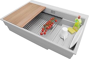 PRIMAGRAN Fregadero Cocina Gris 78x53cm, Granito 1 Seno + Sifón + Accesorios, Sobre encimera al mueble 80cm - Oslo Max S113