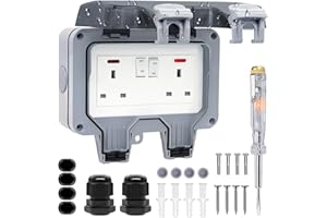 RICOKEY Double Outdoor Socket Waterproof Outside Plug Sockets Weatherproof IP66 Wall Electrical Outlet, 13 Amp 2 Gang Storm Switched External Power Socket Box