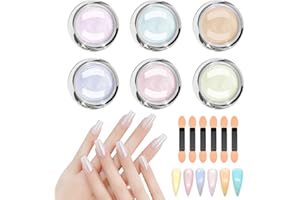BOBOPACK 6 Scatole di Polvere Cromata per Unghie,Polvere di Perla Olografica Effetto Specchio,Polvere Unghie Effetto Perla,Unghie Decorazione con Bastoncini di Spugna per la Decorazione Nail Art