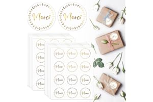 120PCS Merci Autocollants Stickers Étiquettes Adhésif Rond Remerciement Scrapbooking de Bricolage pour Sac d'Emballage Cadeau Cartes de Vœux Enveloppe Mariage Anniversaire Noël 4cm (Or)
