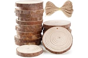 20Pcs Rondin de Bois, BetterJonny Rondin de Bois avec Trou Diamètre et Corde de 10 mètres Tranches de Bois Naturel avec Écorce pour DIY Pyrogravure Peinture Decoration Noel Bois, 8-9cm