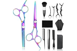 TWIRUSH 13Pcs Scissors Hair Hairdressing Professional Shears Set, Thinning Cutting Clip Comb Stainless Steel Cut Pouch Kit Salon Barber Women Men Kids Black (Purple)