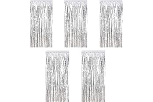 Kioneer Metallic Tinsel Curtains - Silver 5 Packs, 3 ft x 10 ft, Large Foil Fringe for Photo Backdrop, Door, Wall, Window, Party, Christmas Decoration