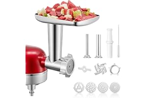 FOHERE Hachoir à Viande pour KitchenAid, Accessoire Robot Pâtissier, 4 Plaques de Broyage, 2 Embouts à Saucisses, Acier Inoxydable