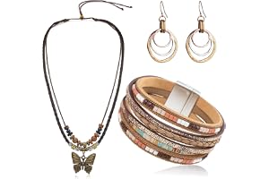 MWOOT Boho smyckesset för damer, Bohemian staplingsbara viklade armband i läder, vintage fjärils hänge, träpärlor, lång halsk