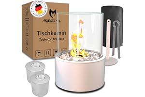 ‎MONSTER24 Monster24 Einzigartiger Tischkamin mit Abdeckhaube 36x26x26 cm | Tischfeuer inkl. Dekosteine und 2 Brennkammern für unendliche Brenndauer | Bio Ethanol Kamin Indoor Outdoor | Terassenfeuer | Balkon
