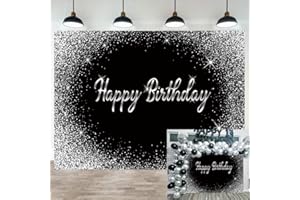 CUMIA Birthday Backdrop Black and Glitter Silver Adult Party Photography Background Kids Men Women Happy Birthday Photo Decoration Banner (2,4 x 1,8 m)