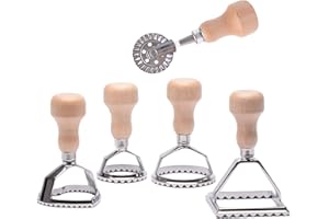 MASTER FENG Ravioli Former Ausstecher Cutter mit Teigtaschenrad Set, Pasta Maker Runde Mould mit Holzgriff und Geriffelten Rand, Pasta Press Kitchen Attachment - 5 er Set