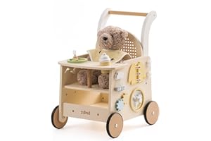 ROBUD Holz lauflernhilfe Baby Walker, 2-In-1 Puppe Lauflernwagen mit Montessori Busy Activity Board für Motorik, Sicherheitsbremse Spielzeug Laufwagen, Geschenk für Kleinekinder ab 10 Monate+