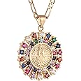 HZMAN 14K Gold Plated Oval Cutout Heart Virgin Mary Prayer Necklace Amulet Our Lady of Guadalupe Pendant Multicolor Cubic Zirconia Women Daughter Gift