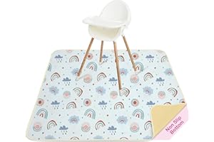 Tappetino Seggiolone Bambini 107x117cm, Unicorn Castle Tappeto Impermeabile Lavabile Antiscivolo, Splash Mat Pieghevole Portatile per Svezzamento e Protezione del Pavimento,Light Blue Rainbow