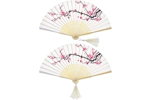 HOTOP 2 Pieces Folding Fans Handheld Fans Bamboo Fans with Tassel Women's Hollowed Bamboo Hand Holding Fans for Wall Decoration, Gifts (White Cherry)