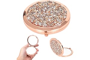 KYSUN 7 cm Taschenspiegel, Tragbarer Taschenspiegel, Kleiner Runder Mini Schminkspiegel 1X / 2X, Kompakter Kosmetikspiegel, Faltbar & Doppelseitig für Frauen Mädchen, Diamant aus Roségold