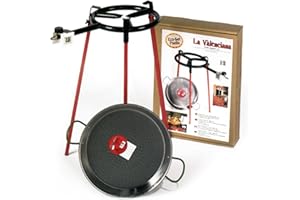VAELLO CAMPOS Eco Set Paella pan 38cm: Set of 3 Square Support Legs + 38cm Polished Steel Paella pan + 300mm Gas Burner