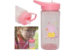 SRV HUB Peppa-Pig Bouteille d'eau avec paille 420 ml, sans déversement, sans BPA, en plastique rose, bec rabattable, bouteille carrée pour enfants de 6 mois et plus
