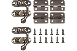 EUPHHONYCS Antike Bronze Rechtsriegelhaken Verschluss Kleine Box Scharniere Und Retro Riegel Schloss Riegelhaken Mit Schrauben Für Dekorative Schränke Holzschmuckkästchen(2x Riegelverschluss + 4x Scharniere)