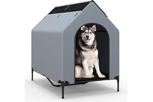 COSTWAY Elevated Dog House, Raised Dogs Bed with Weatherproof Canopy, 2 Top Windows, Breathable Mesh Fabric Mat, Dog Tent Shelter for Indoor Outdoor (Grey, Large)