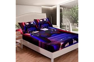 Homewish Gamepad Gaming Fitted Sheet Single Size Video Games Bedding Set For Kids Teen Boys Gamer Bed Cover Game Controller Headphone Game Equipment Bed Sets Child Room Decor 2Pcs Black Red Blue