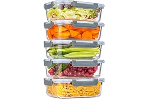 KUMD 5 Pack 36OZ Glass Food Storage Containers with Airtight Locking Lids (1040ml) - LeakProof Meal Prep & Lunch Boxes, Oven, Microwave, Freezer & Dishwasher Safe, BPA Free & LFGB Certified