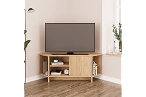 Bimossa Teo Corner TV Stand – Space-Saving TV Unit for 43–48'' TVs, Compact Media Console with Open Shelves & Cabinet, Ready to Assemble, Available in 5 Colours (Oak)