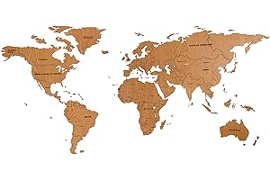 SLAVEC DESIGN Mappa del mondo 3D in legno | Decorazione d'arte per parete | Mappa di viaggi per parete. Idea Eccellente Come Regalo o Come Decorazione muraria - Ufficio, Cucina, Salotto (125 x 59 cm, Marrone)