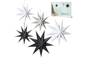 Linkbro 5 Stück Skandinavisch Papiersterne für Weihnachts Deko, 9 Zacken Weihnachtssterne, 30cm x 3 + 45cm x 2, zum Aufhängen Weihnachtsdekoration, Fensterdekoration(Schwarz,Weiß,Grau)