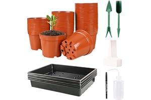 FUCNEN Godet Semis, Pot Semis Lot de 50 Pots de Fleurs en Plastique de 8 cm avec étiquettes/4 Plateaux de Jardin sans Trous Demi-Plateaux de Semences Petits Pots de Fleurs pour Semis et Boutures de Plantes