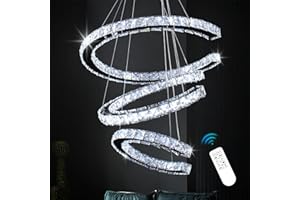 Finktonglan Lustre moderne, lustre en cristal à 3 anneaux à intensité variable avec télécommande, forme ajustable, lustre linéaire à LED, suspension pour cuisine, salle à manger, salon, H120 cm