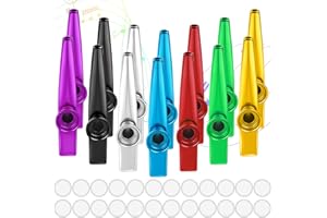 LDERFIV 14 Piezas Kazoo Pitos de Carnaval Kazoos Metal Aleación de Aluminio en 7 Colores Kasu Instrumentos Musicales con 24 Kazoo Membranas de Flauta para Niños Fiesta Favors Regalos Música Principiantes