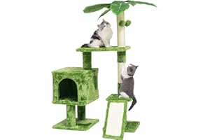 JISSBON 106cm Cat Tree for Indoor Cats, Cat Tower with Scratching Boards, Large Plush Perch & Cat Condo with Leaves for Kittens, Adult Cats, Green