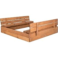 SPRINGOS Sandkasten mit Sitzbank, 120 cm x 120 cm, Abdeckung, Holz, Imprägniert, Kindersandkasten, Spielplatz