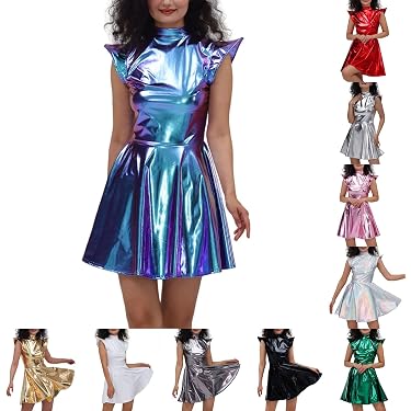 ranrann Robe Évasée Holographique Femme Robe Métallique Manches