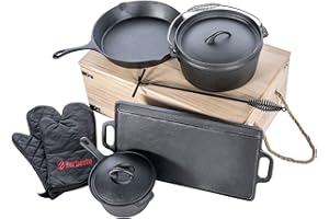CLP Ensemble De Pôeles De Cuisson Facon Dutch Oven avec Accessoires I Ustensiles De Cuisine en Fonte I Caisse De Rangement en Bois, Couleur:Noir