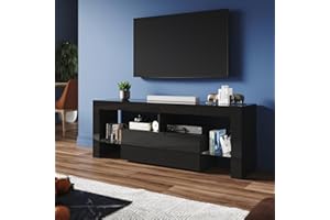 ZANOFIRA LED TV Unit Stand with RGB LED Lighted, High Gloss TV Stand with Pull-Down Door, Modern TV Cabinet with Open Glass Shelves and Drawers for Living Room, 1400x350x520mm, Black