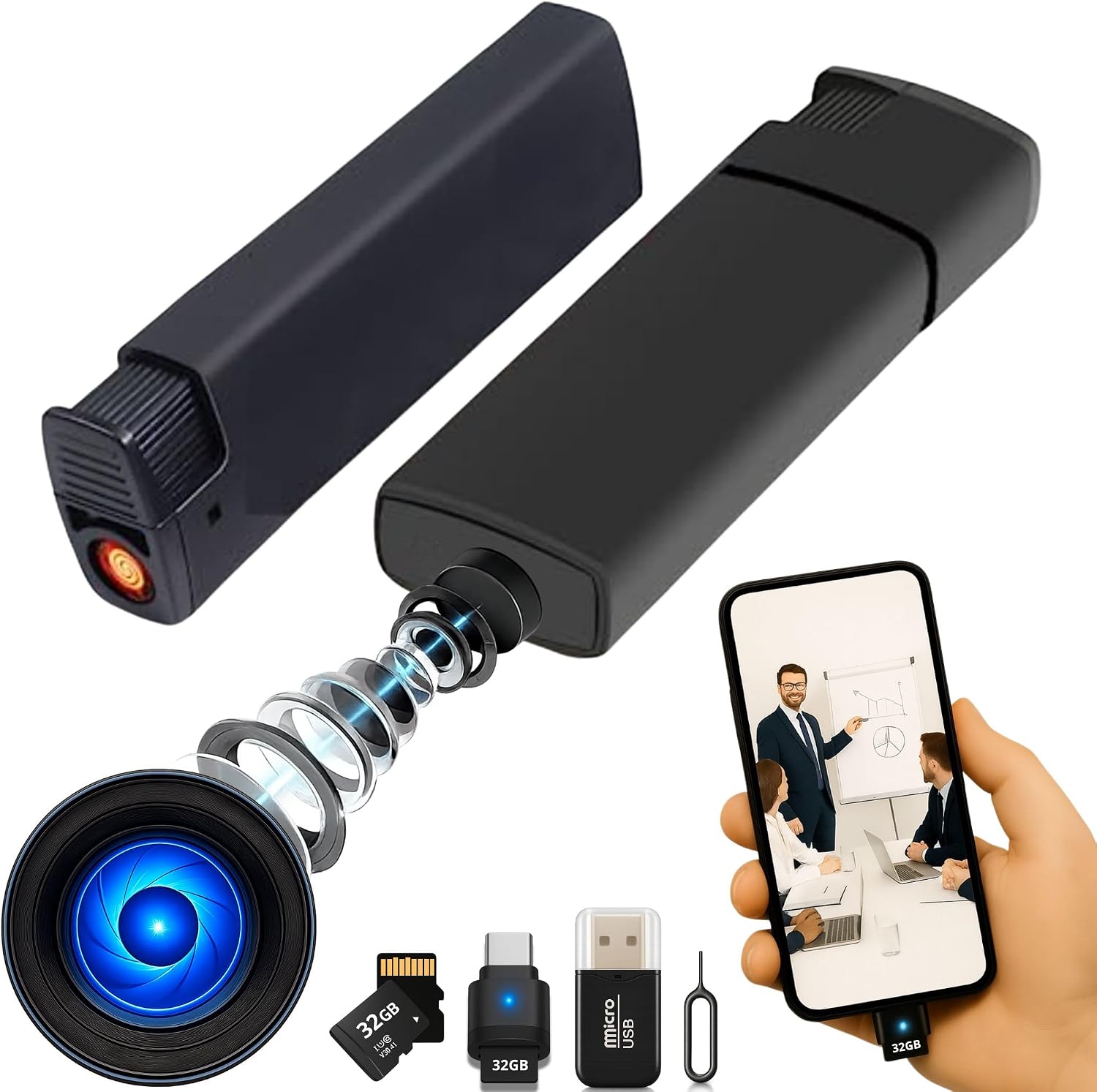 Mini Camara Espia Oculta Camuflada Mechero (TOTAL PACK con Tarjeta 32GB Lector y OTG Para el Móvil) Sin Agujero de Lente, Sin Luz al Grabar, 2 MP SuperHD, Grabación en Bucle, Plug and Play sin Wifi