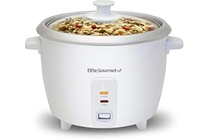 Elite Gourmet, Cuociriso elettrico Elite Cuisine ERC006 con funzione automatica di mantenimento in caldo, per zuppe, stufati, cereali, 6 tazze di riso cotto, 3 tazze crudo, bianco
