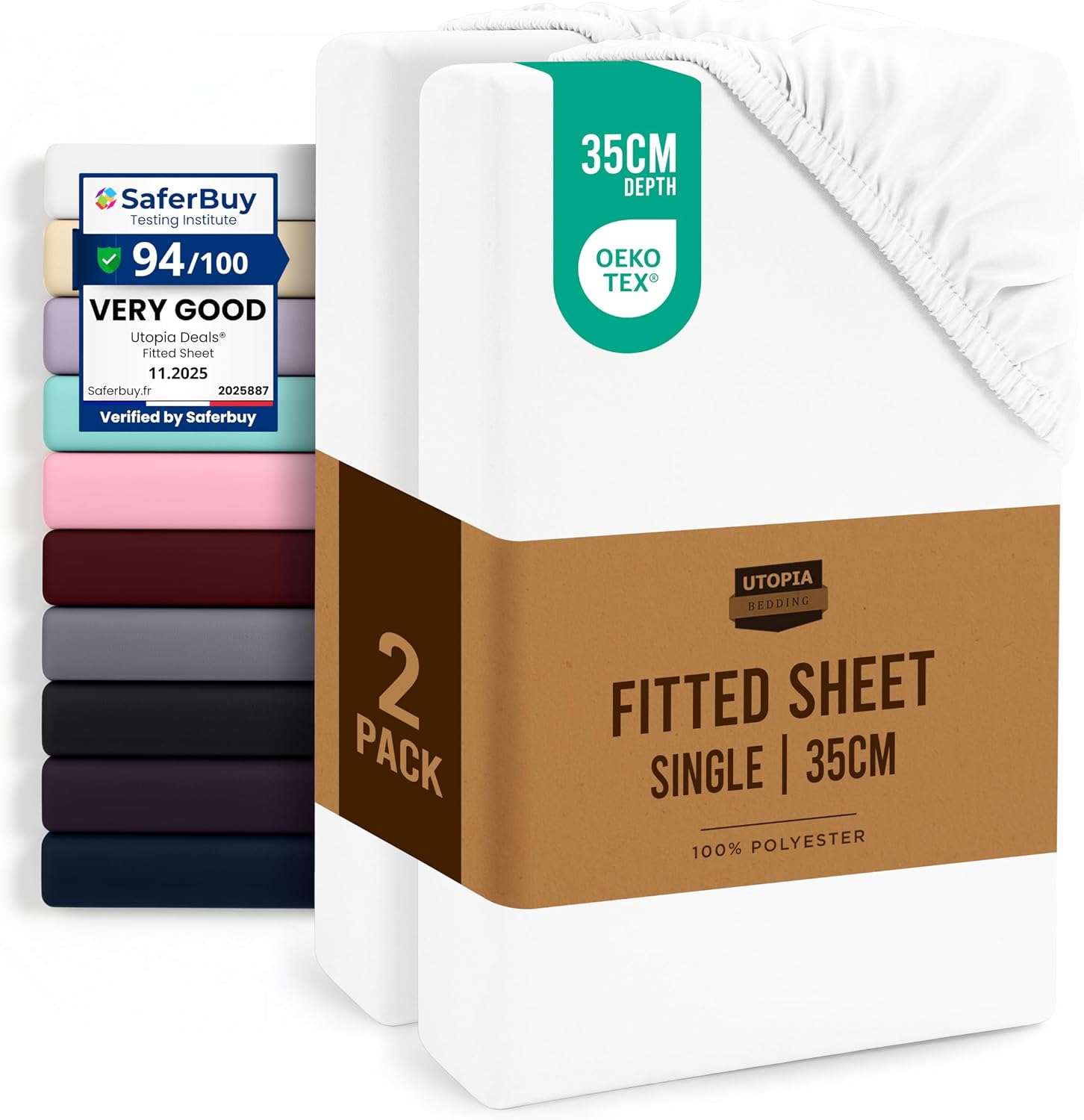Utopia Bedding Fitted Sheet Single (2 Pack), White - Deep Pocket 14 inch (35 cm) - Oeko Tex Certified - Easy Care - Soft Brushed Microfibre Fabric - Shrinkage and Fade Resistant - Bottom Sheet