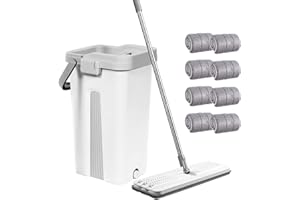 GONICVIN Zestaw mopa i wiadra, płaski mop z mikrofibry do mokrych i suchych naczyń z uchwytem ze stali nierdzewnej, wiadro dwukomorowe nadaje się do wszystkich podłóg (biały)