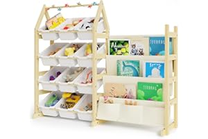DUHARS Bücherregal Kinder Spielzeug Aufbewahrung Regal Holz, mit 12 Boxen Spielzeug Regal Kinderzimmer, Montessori Bücherregal für Kinderzimmer, Spielzimmer, Kindergarten, Schule Organizer