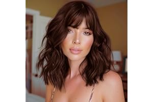 COLORFUL PANDA Peluca Moreno Flequillo Estilo Bob Corto Rizado para Mujer,Pelucas Sintéticas para Navidad Halloween Fiesta,Pelucas Balayage de Morena,Uso Diario con Natural-Moda para Fecha,14''